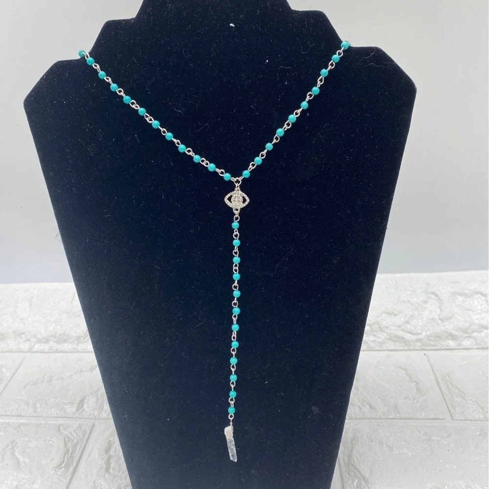 Evil Eye Beads Pendant Necklace Womens Turquoise Beads Silver Tone Handmade Jewe